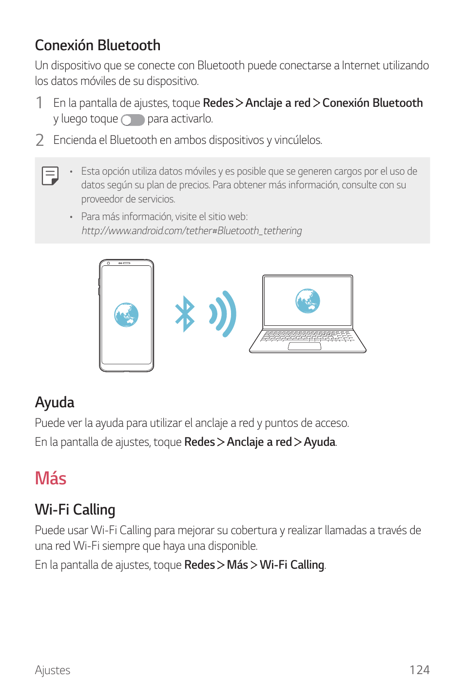 Conexión bluetooth, Ayuda, Wi-fi calling | LG G6 H872 Manual del usuario | Página 125 / 185
