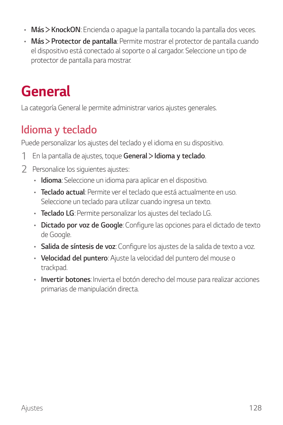 General, Idioma y teclado | LG G6 H872 Manual del usuario | Página 129 / 185