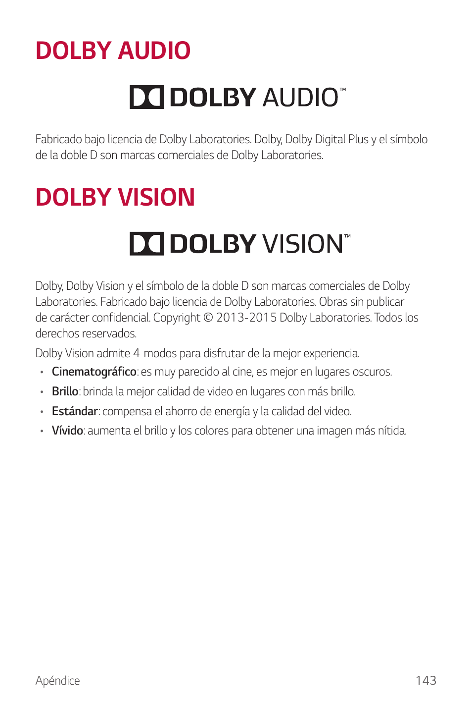 Dolby audio, Dolby vision | LG G6 H872 Manual del usuario | Página 144 / 185