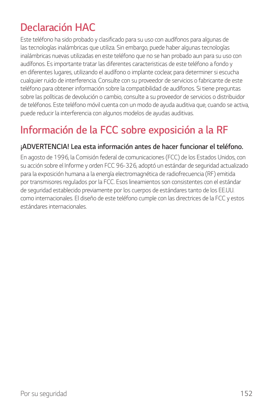 Declaración hac, Información de la fcc sobre exposición a la rf | LG G6 H872 Manual del usuario | Página 153 / 185
