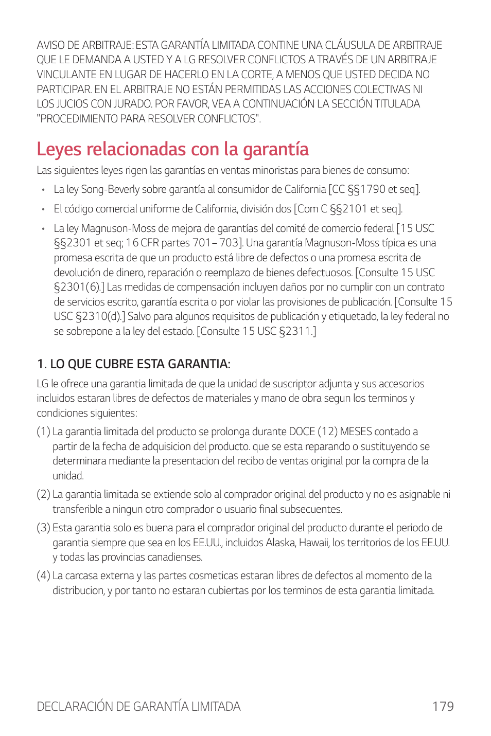 Leyes relacionadas con la garantía | LG G6 H872 Manual del usuario | Página 180 / 185
