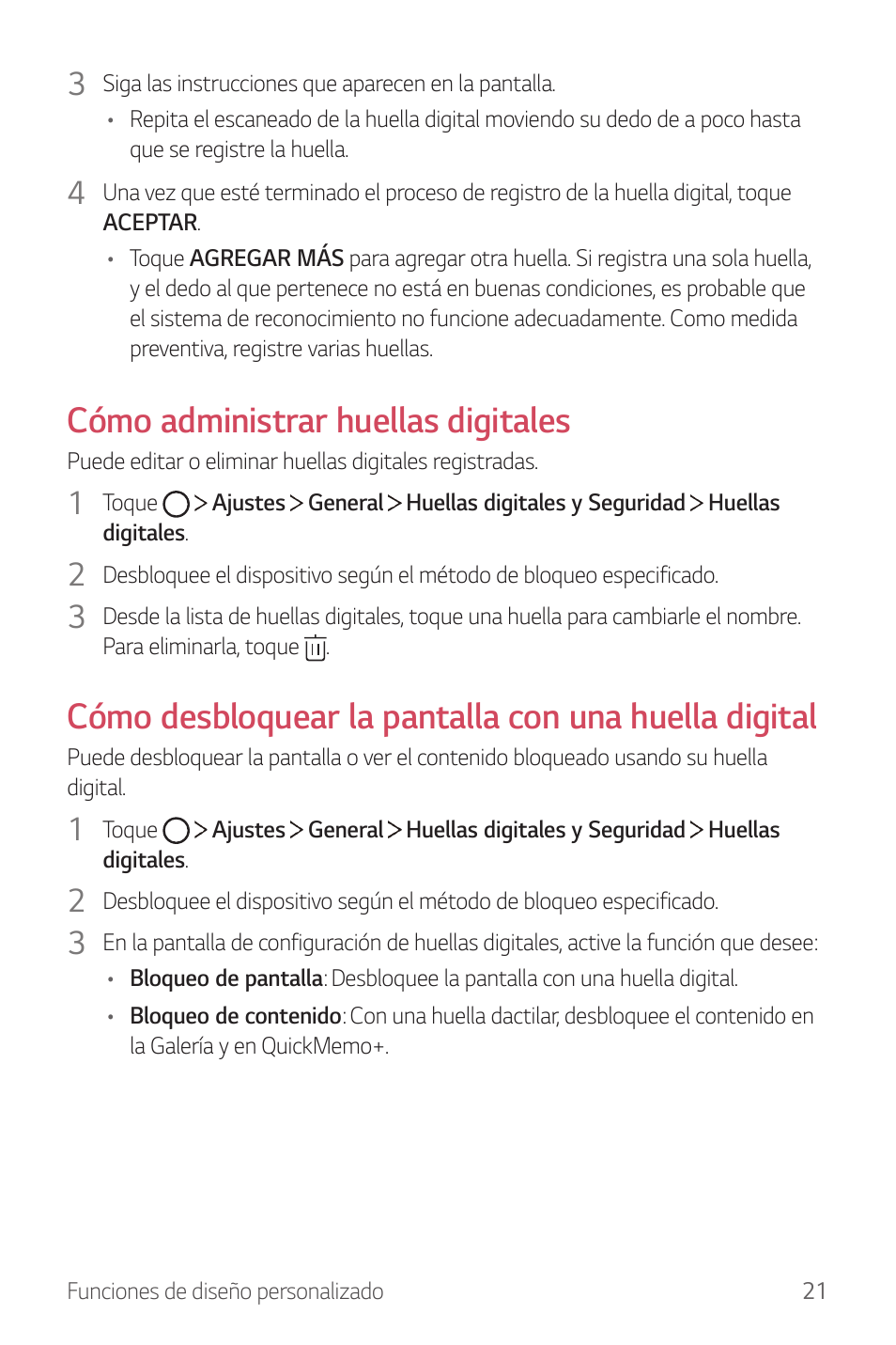 Cómo administrar huellas digitales | LG G6 H872 Manual del usuario | Página 22 / 185