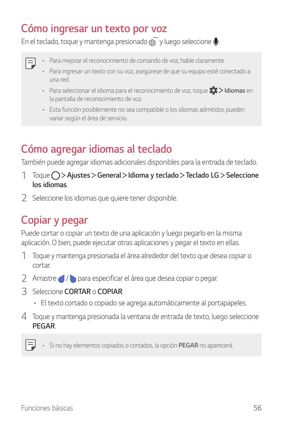 Cómo ingresar un texto por voz, Cómo agregar idiomas al teclado, Copiar y pegar | LG G6 H872 Manual del usuario | Página 57 / 185