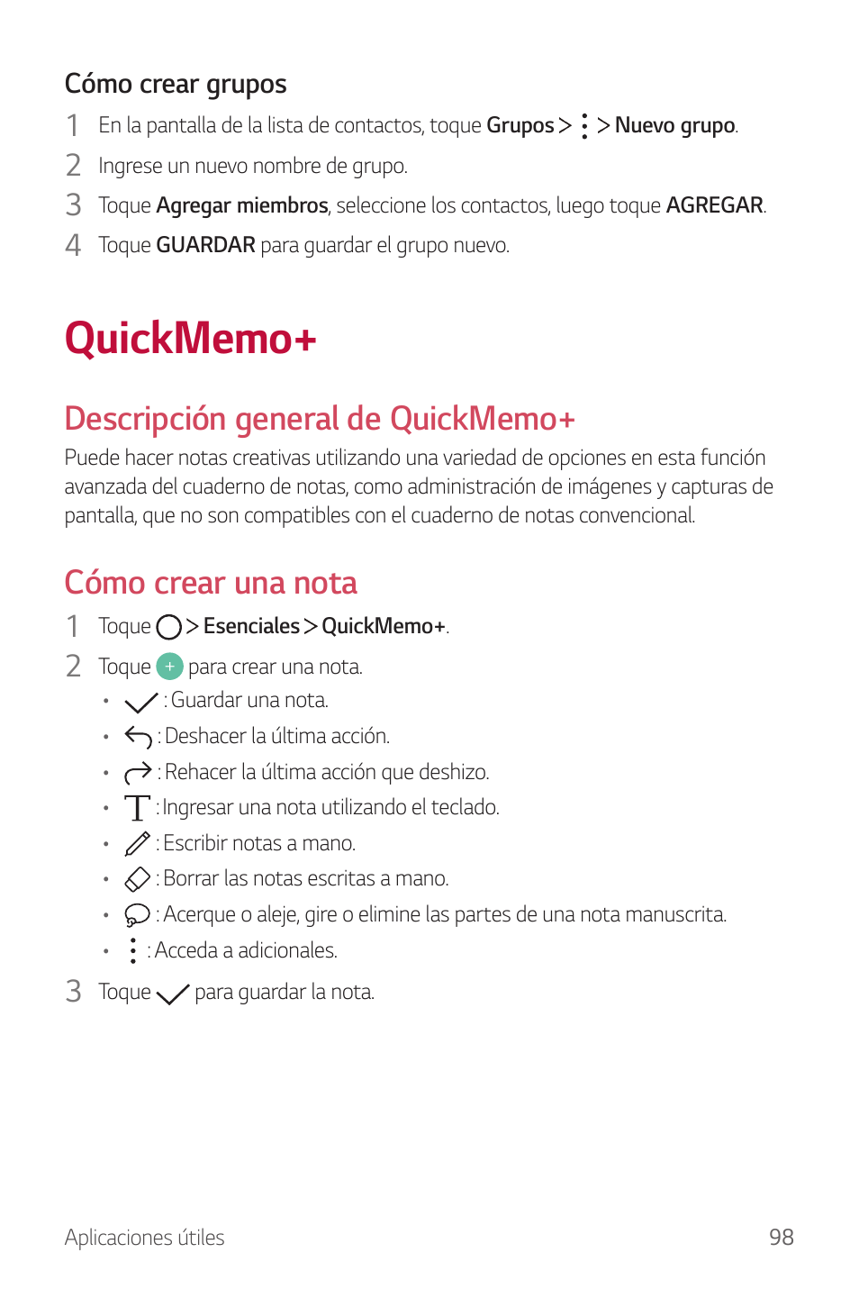 Quickmemo, Cómo crear una nota | LG G6 H872 Manual del usuario | Página 99 / 185