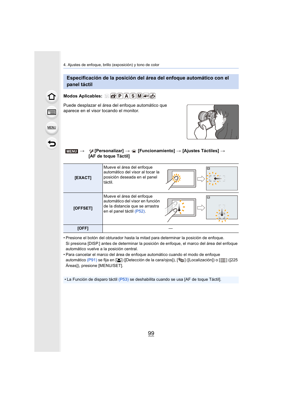 Panel táctil | Panasonic Lumix GH5 Manual del usuario | Página 99 / 347