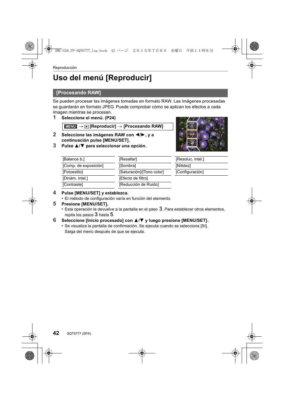 Uso del menú [reproducir | Panasonic Lumix GX8 Manual del usuario | Página 42 / 76