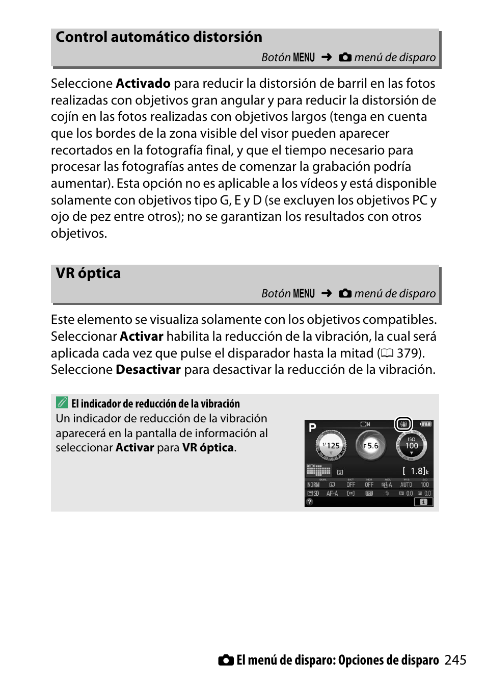 Control automático distorsión, Vr óptica | Nikon D5500 Manual del usuario | Página 269 / 436
