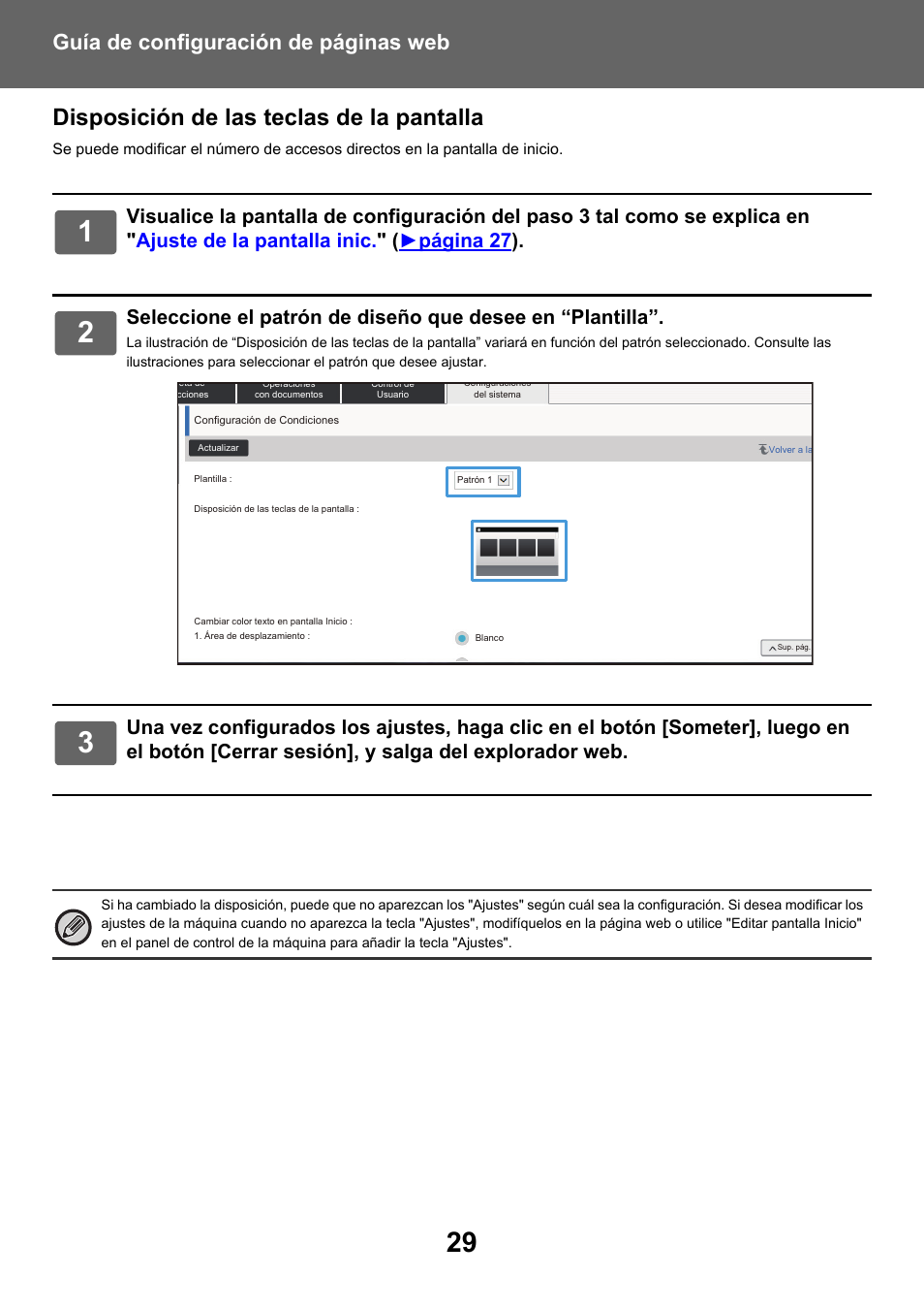 Disposición de las teclas de la pantalla, Guía de configuración de páginas web | Sharp MX-6070N Manual del usuario | Página 29 / 38
