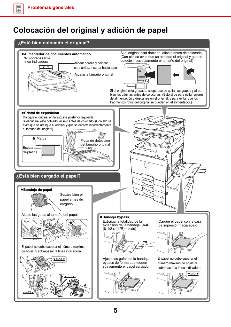 Colocación del original y adición de papel, Problemas generales | Sharp MX-6070N Manual del usuario | Página 5 / 60