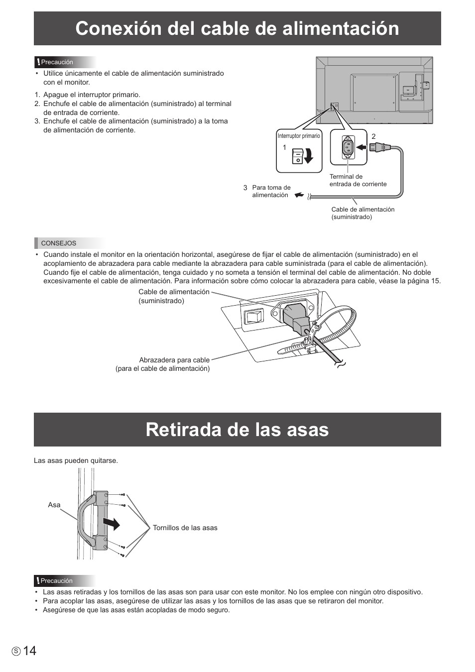 Conexión del cable de alimentación, Retirada de las asas | Sharp PN-H801 Manual del usuario | Página 14 / 53