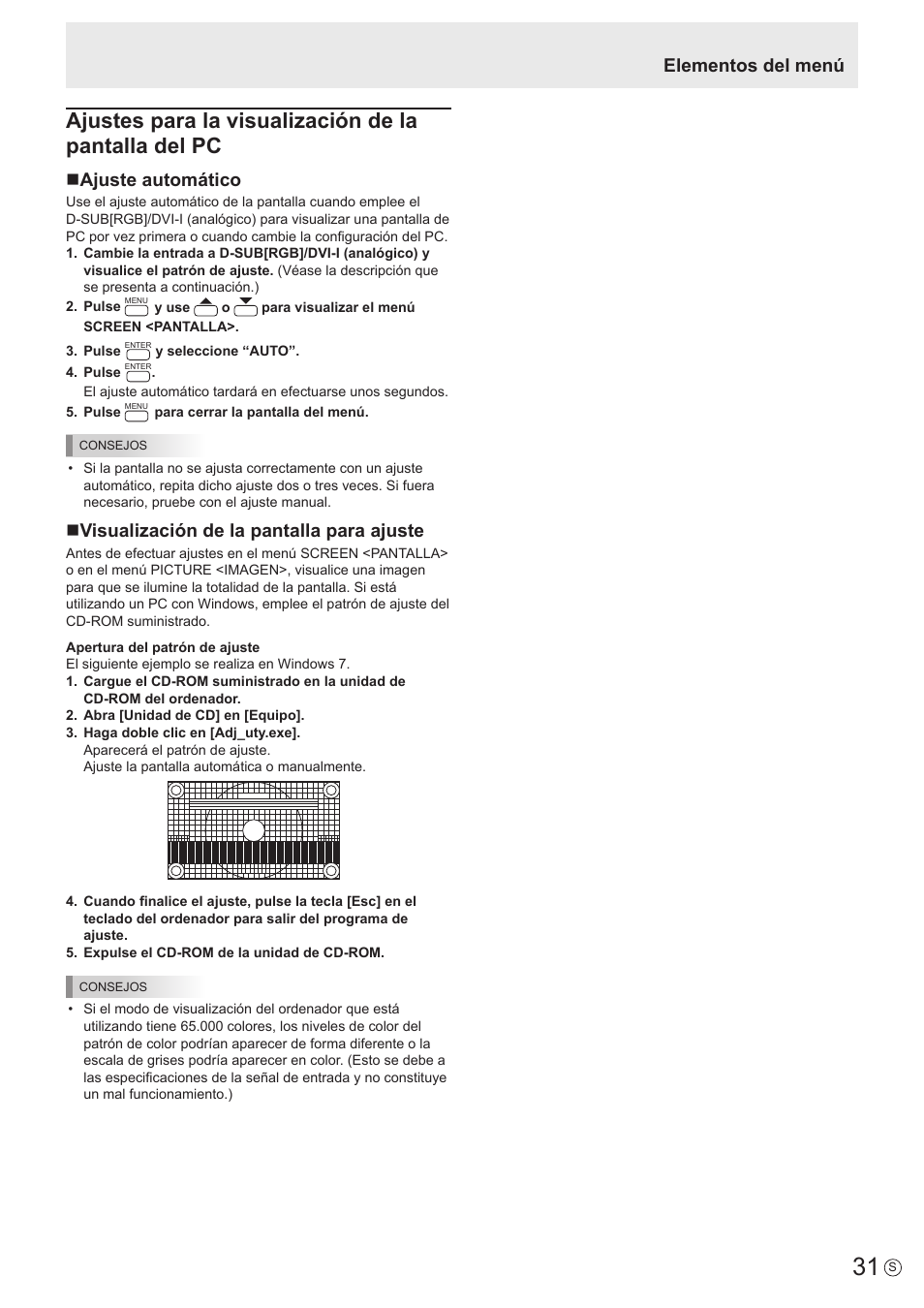 Elementos del menú, Najuste automático, Nvisualización de la pantalla para ajuste | Sharp PN-E703 Manual del usuario | Página 31 / 63