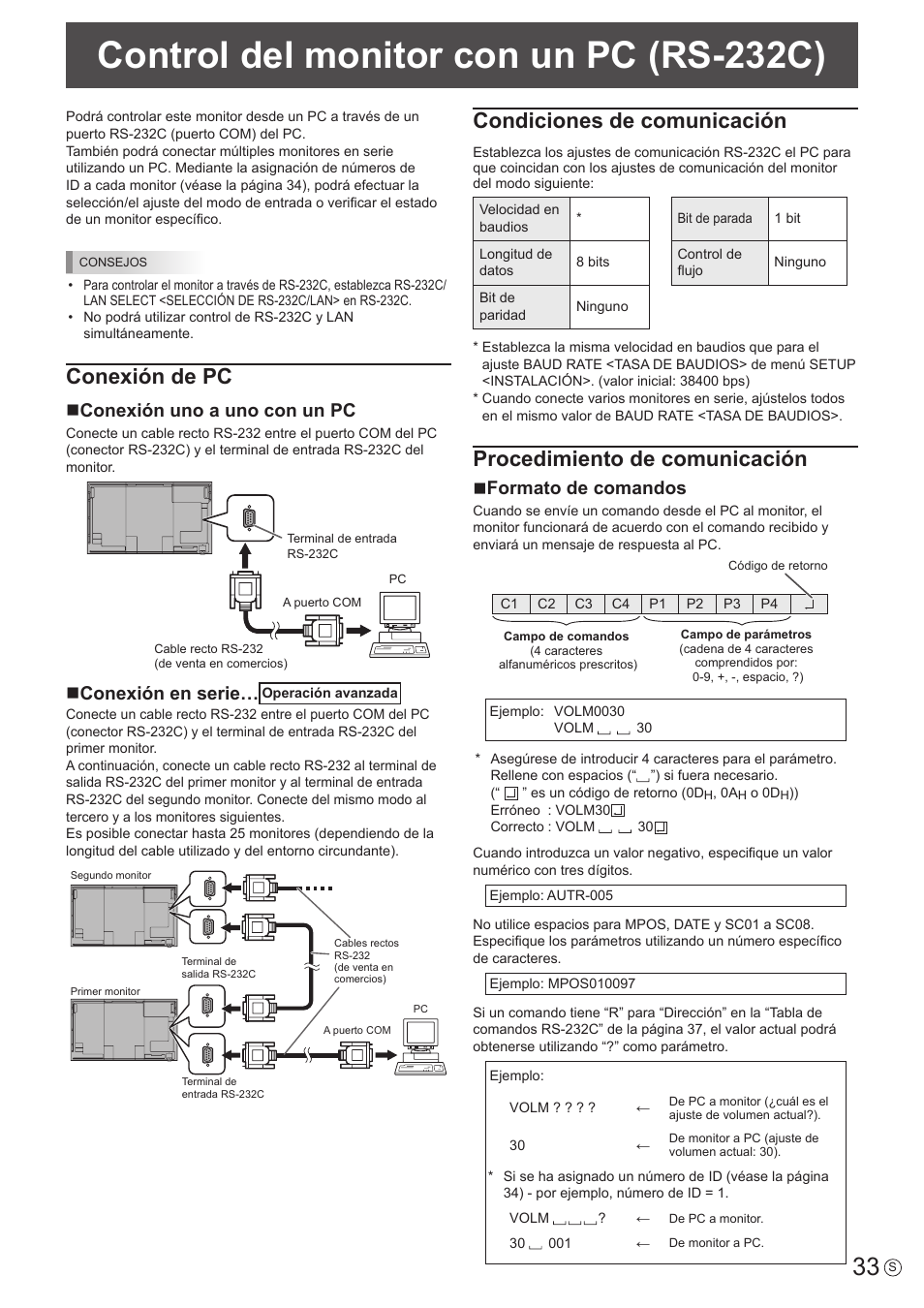 Control del monitor con un pc (rs-232c), Conexión de pc, Condiciones de comunicación | Procedimiento de comunicación, Nconexión uno a uno con un pc, Nconexión en serie, Nformato de comandos | Sharp PN-E703 Manual del usuario | Página 33 / 63